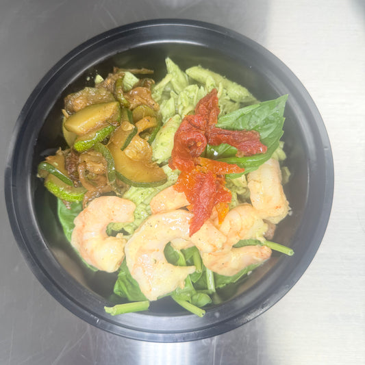 Pesto Protein Chickpea Pasta with Lemon Garlic Shrimp