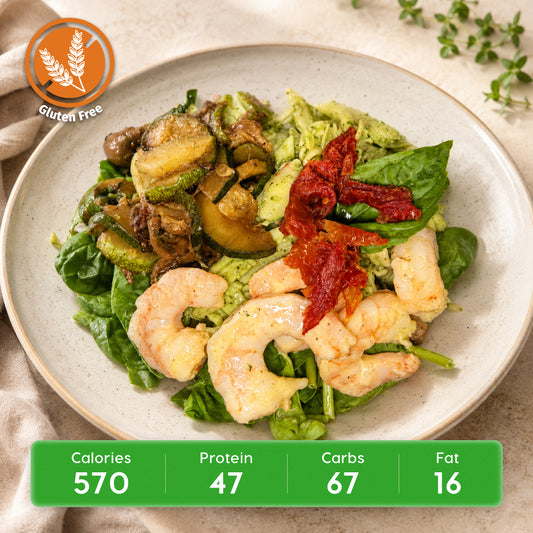 Pesto Protein Chickpea Pasta with Lemon Garlic Shrimp