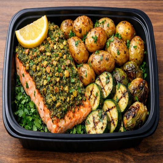 Basil Pesto-Crusted Salmon with Herb-Roasted Potatoes