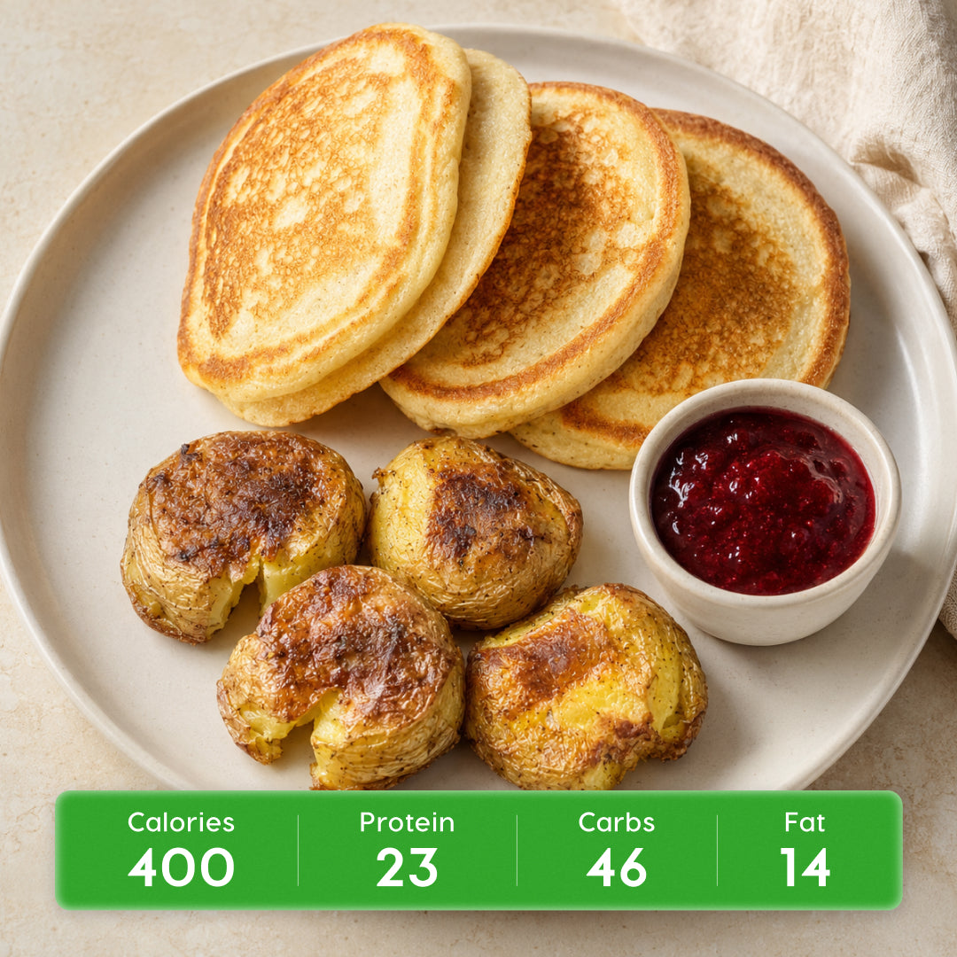 Power Breakfast Protein Pancakes with Mixed Berry Chia Seed Compote
