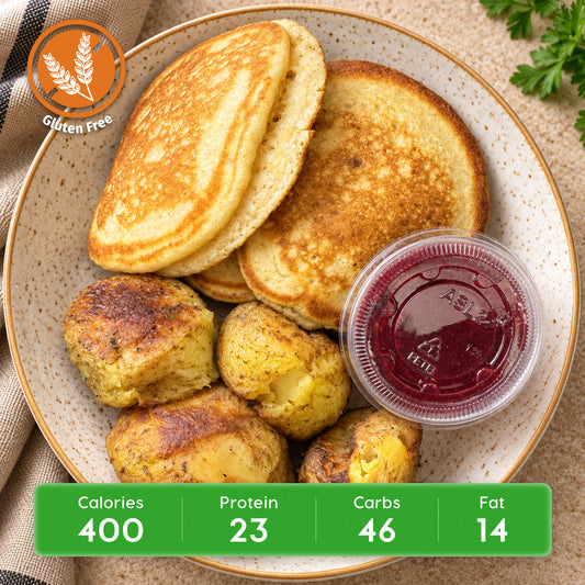 Power Breakfast Protein Pancakes with Mixed Berry Chia Seed Compote