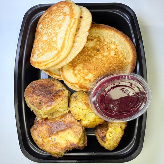 Power Breakfast Protein Pancakes with Mixed Berry Chia Seed Compote