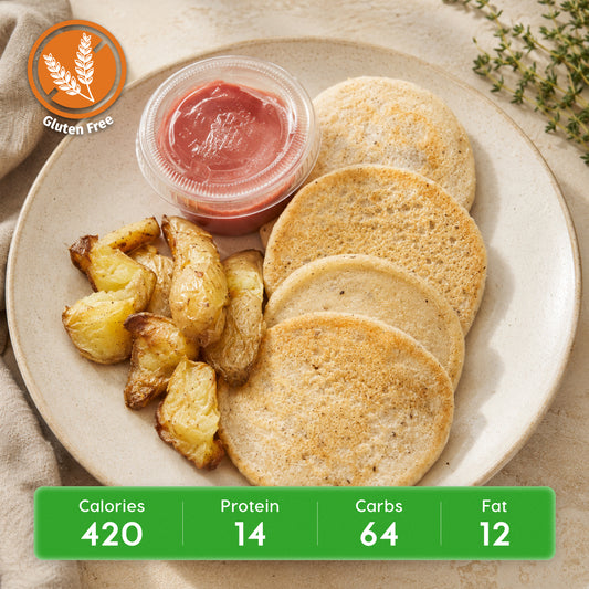 Protein Strawberry Bliss Pancakes w/ Roasted Potatoes (vegan)