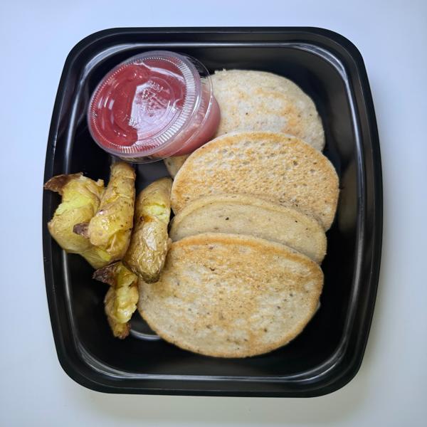 Protein Strawberry Bliss Pancakes w/ Roasted Potatoes (vegan)