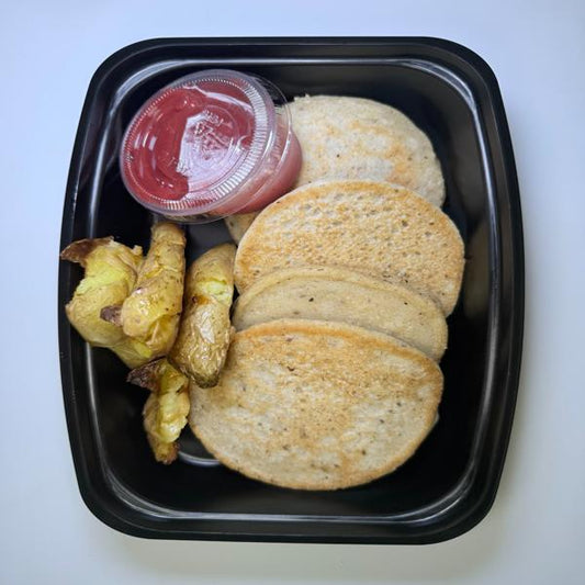 Protein Strawberry Bliss Pancakes w/ Roasted Potatoes (vegan)