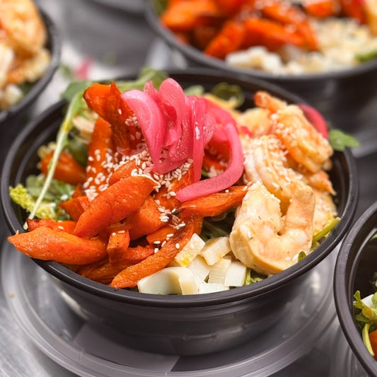 Roasted Carrot & Quinoa Salad with Shrimp & Harissa-Tahini Dressing