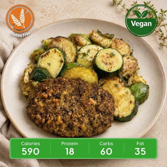 Vegan Roasted Dijon Walnut & Mushroom Patties w/ Roasted Potatoes & Veggies