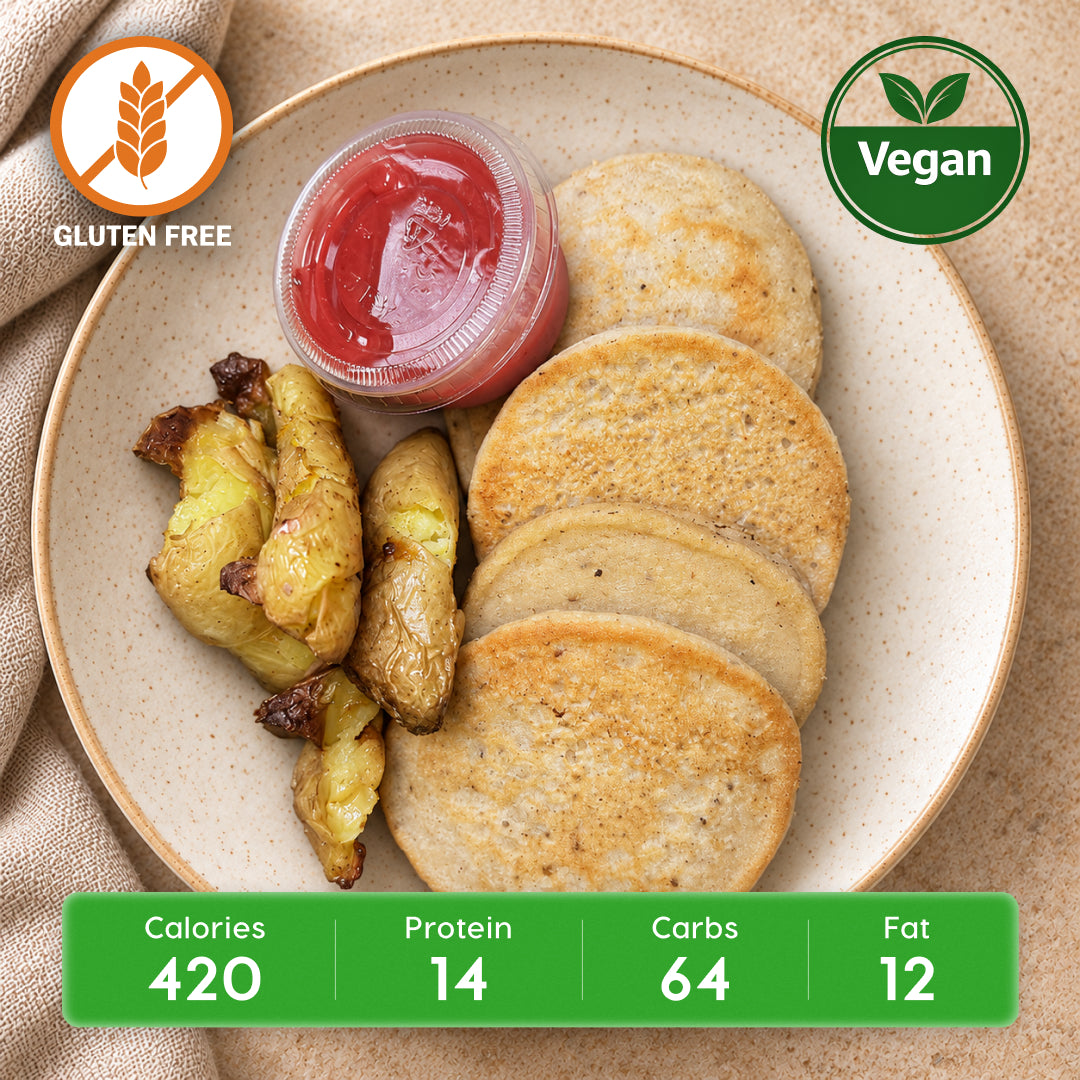 Protein Strawberry Bliss Pancakes w/ Roasted Potatoes (vegan)
