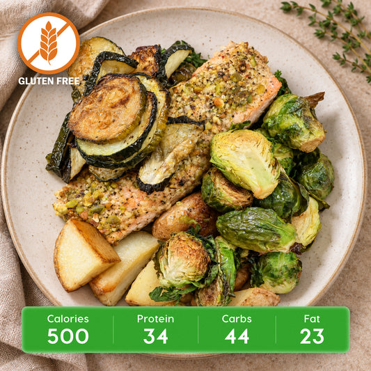 Slow Roasted Honey Spiced Salmon with Herbed Pistachio Crumble with Roasted Brussel Sprouts & Roasted Potatoes