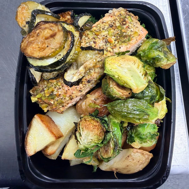 Slow Roasted Honey Spiced Salmon with Herbed Pistachio Crumble with Roasted Brussel Sprouts & Roasted Potatoes