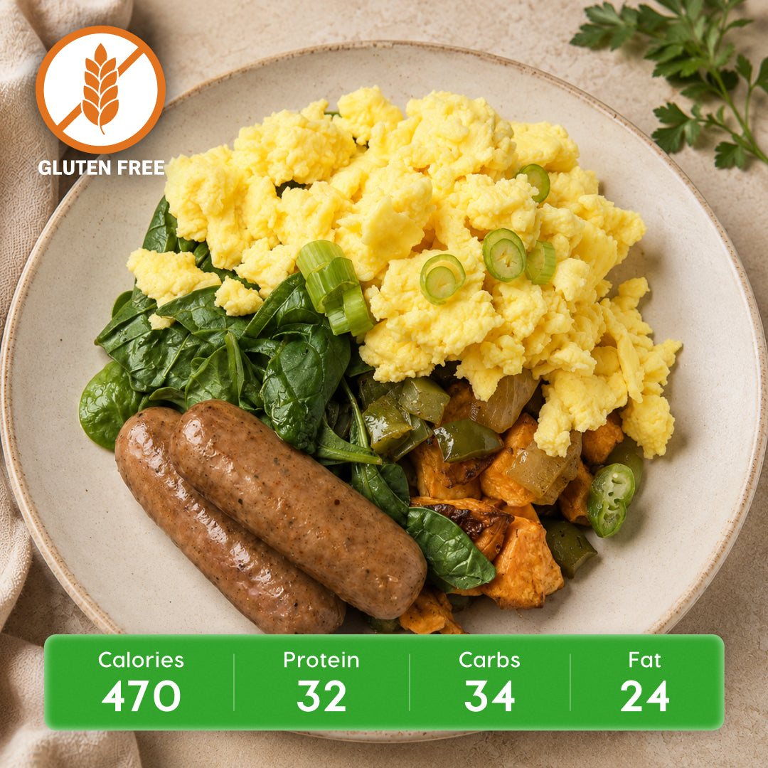 Sweet Potato & Turkey Sausage Skillet with Eggs & Spinach