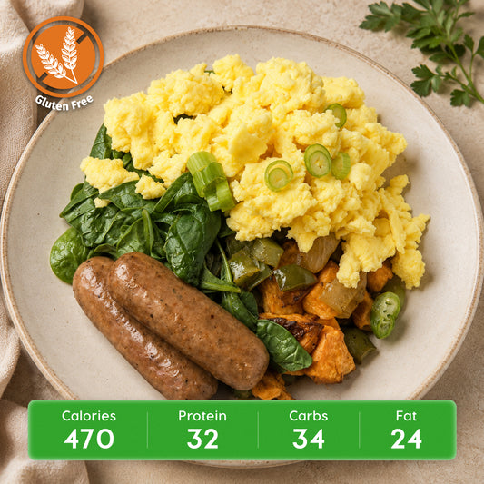 Sweet Potato & Turkey Sausage Skillet with Eggs & Spinach
