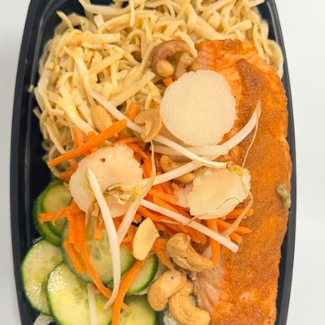 Thai Peanut GF Rice Noodles with Roasted Salmon & Cucumber Salad