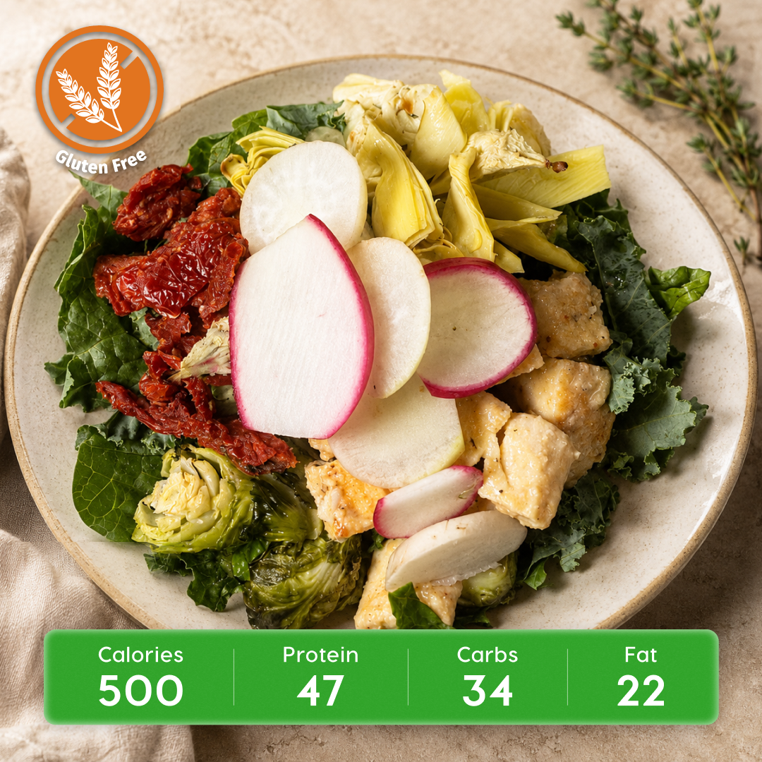 Ultimate Chicken Caesar Salad with Kale, Brussels & Crispy Artichokes