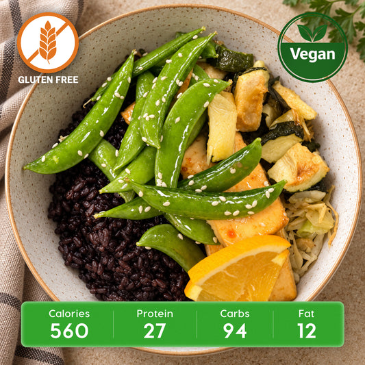 Vegan Orange Sesame Tofu with Black Rice and Snow Peas