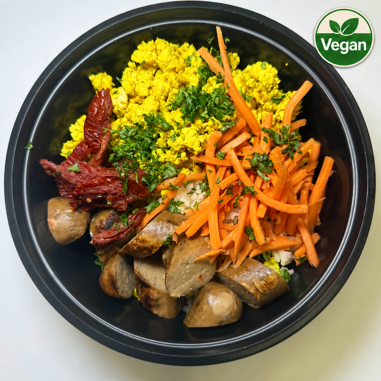 Vegan Tuscan Breakfast Bowl (Tofu) with Sun-Dried Tomatoes, Kale, & Herbed Brown Rice