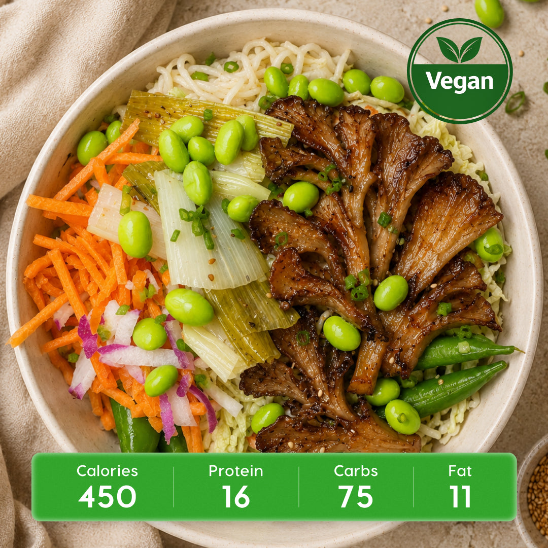 Vegan Asian Noodle Bowl with Sesame Ginger Crispy Oyster Mushrooms
