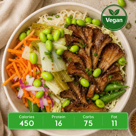 Vegan Asian Noodle Bowl with Sesame Ginger Crispy Oyster Mushrooms
