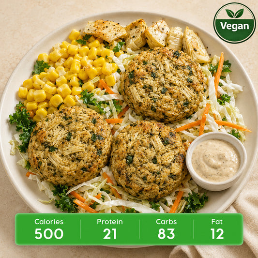 Vegan Artichoke Cakes with Roasted Potatoes and Cole Slaw