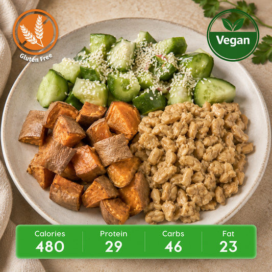 Vegan Asian Braised Tempeh with Sweet Potato Wedges & Cucumber Radish Salad