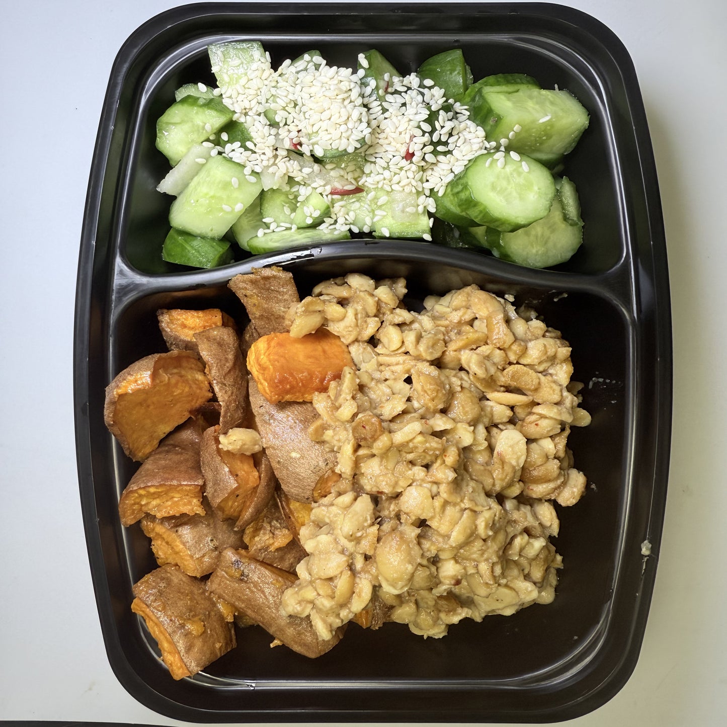 Asian Braised Tempeh with Sweet Potato Wedges & Cucumber Radish Salad