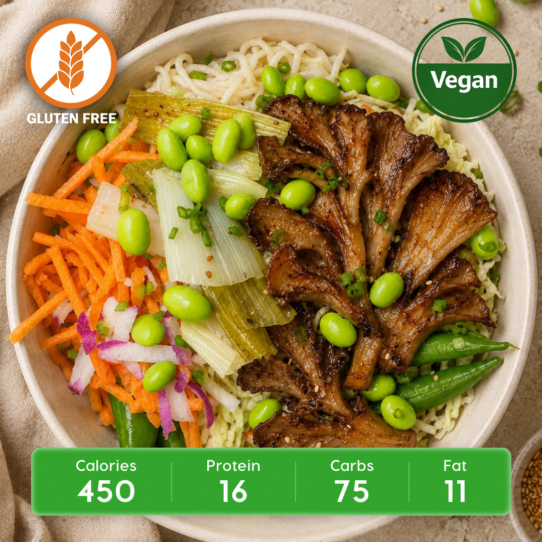 Vegan Asian Noodle Bowl with Sesame Ginger Crispy Oyster Mushrooms