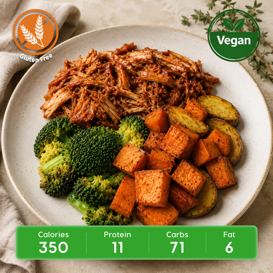 Vegan BBQ Shredded Jackfruit with Roasted Potatoes & Broccoli