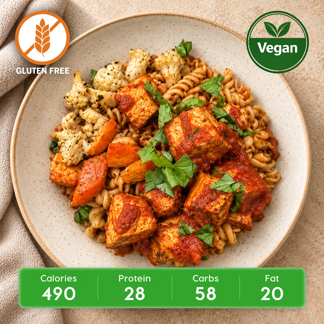 Vegan Basil Blaze Tofu Marinara Bowl with GF Chickpea Pasta