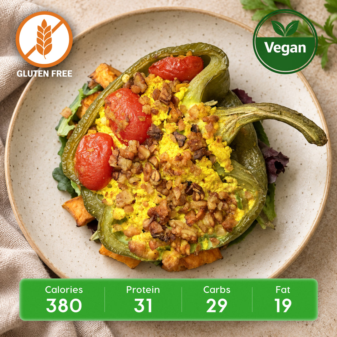 Vegan Bell Pepper Breakfast Bake with Tofu Scramble & Tempeh Sausage