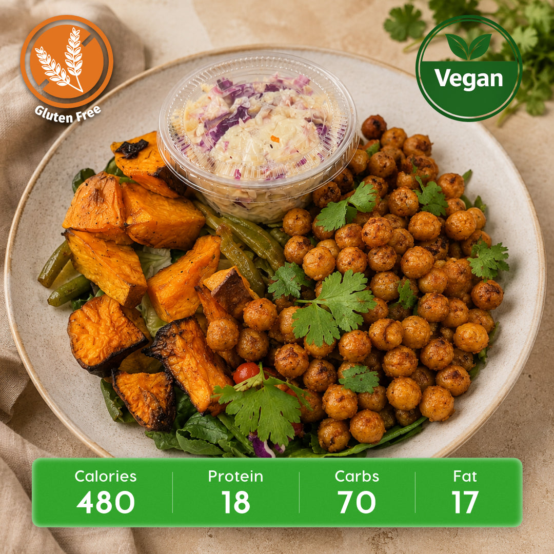 Vegan Chipotle Chickpea Power Bowl with Roasted Sweet Potato & Crunchy Slaw