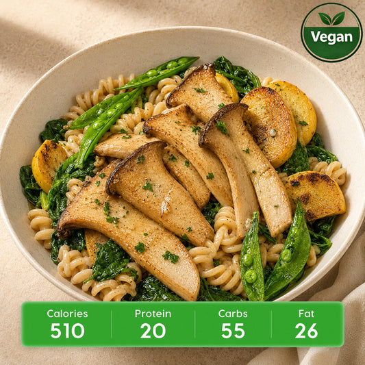 Vegan Coconut Lemongrass King Oyster Mushrooms with Snow Peas & Chickpea Pasta