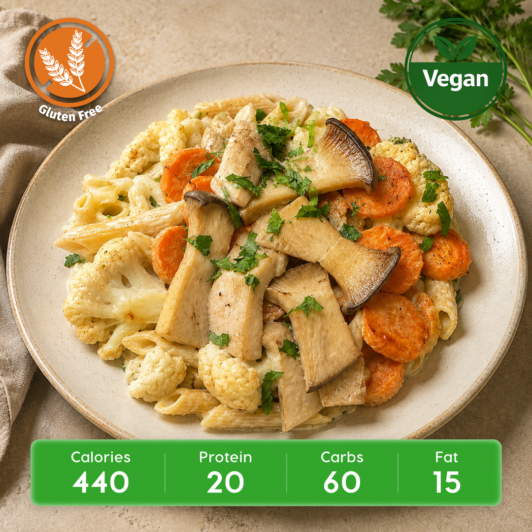 Vegan Creamy Coconut Alfredo with King Oyster Mushrooms & Protein Pasta