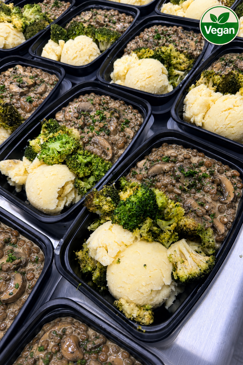 Vegan Creamy Garlic Mushroom Lentil Ragout with mashed potatoes & roasted broccoli