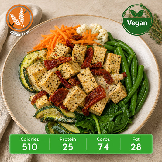 Vegan Tuscan Tofu with GF Orzo & Spinach, Sun Dried Tomatoes
