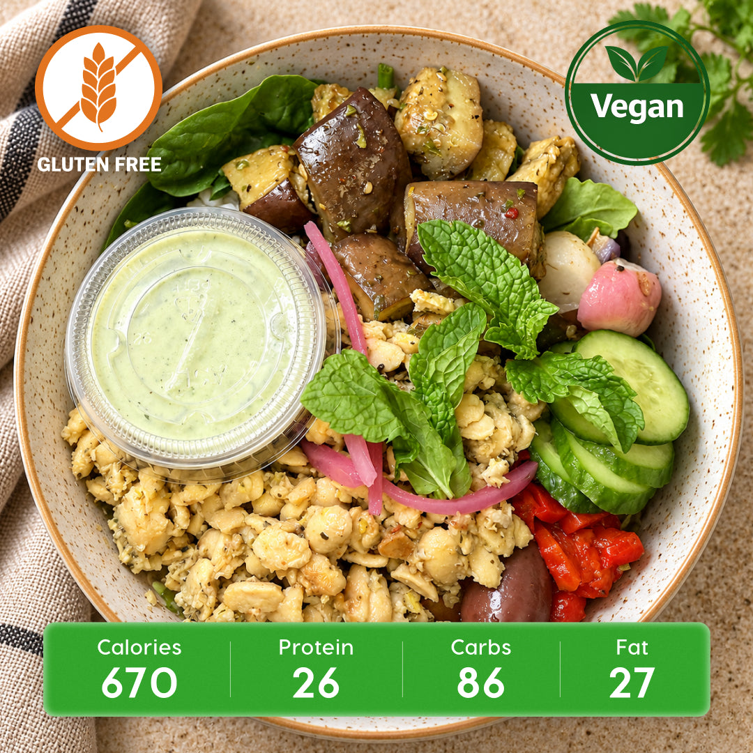Vegan Greek Power Bowl Salad with Chickpeas & Dairy-Free Tzatziki
