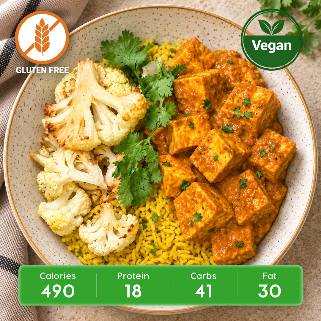 Vegan Indian Butter Tofu with Turmeric Brown Rice & Roasted Cauliflower