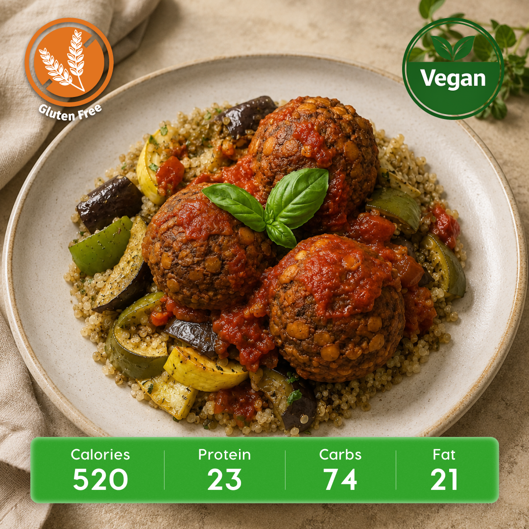 Vegan Italian Lentil & Walnut Balls with Vegetable Ratatouille & Herb-Infused Quinoa