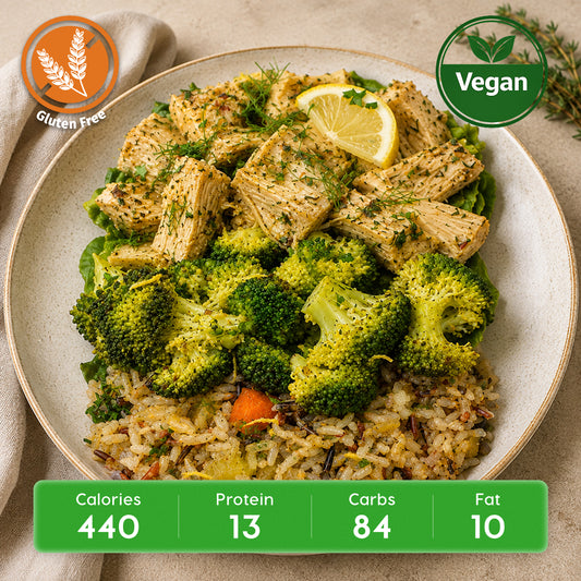Vegan Lemon Dill Jackfruit with Wild Rice Pilaf & Broccoli