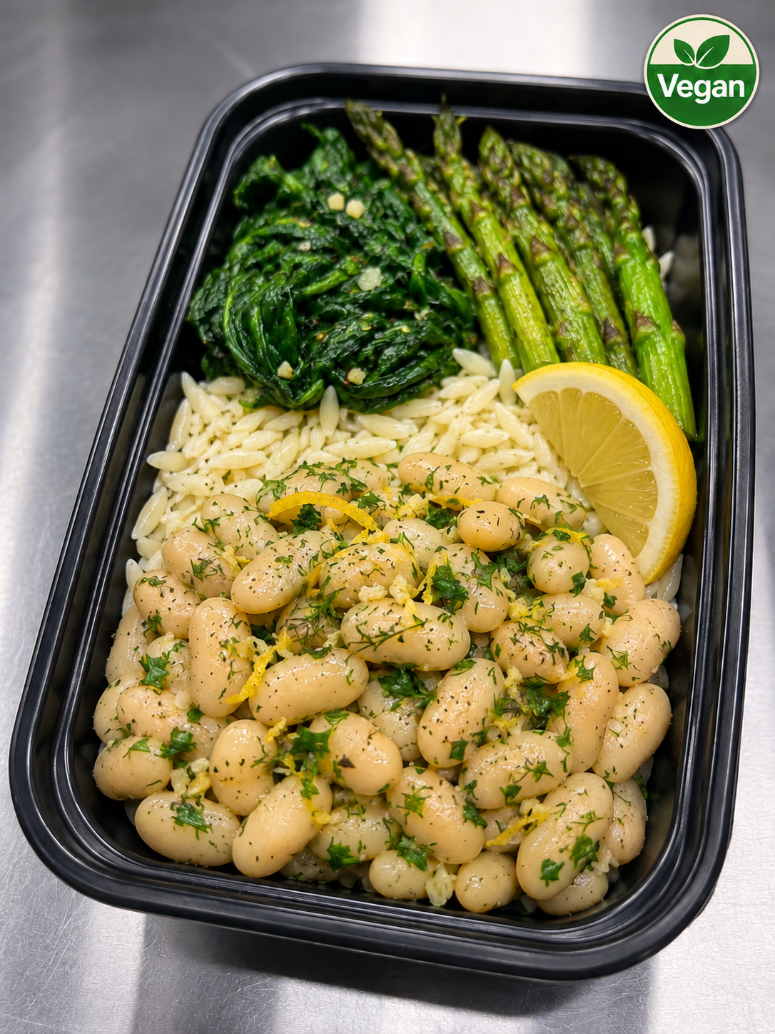 Vegan Lemon Herb White Bean & GF orzo, asparagus & sautéed spinach