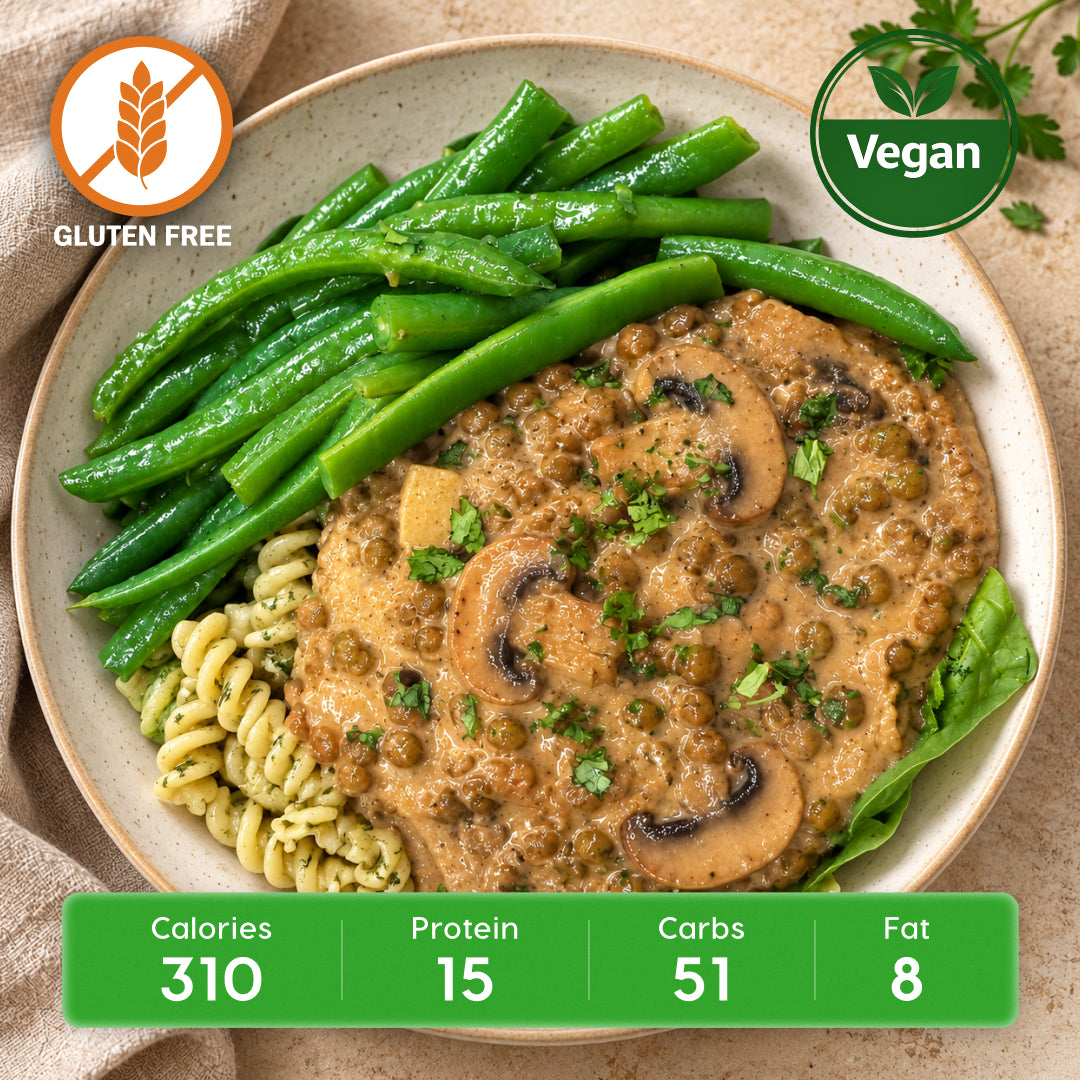 Vegan Lentil Stroganoff with Herb Gluten-Free Fusilli & Green Beans