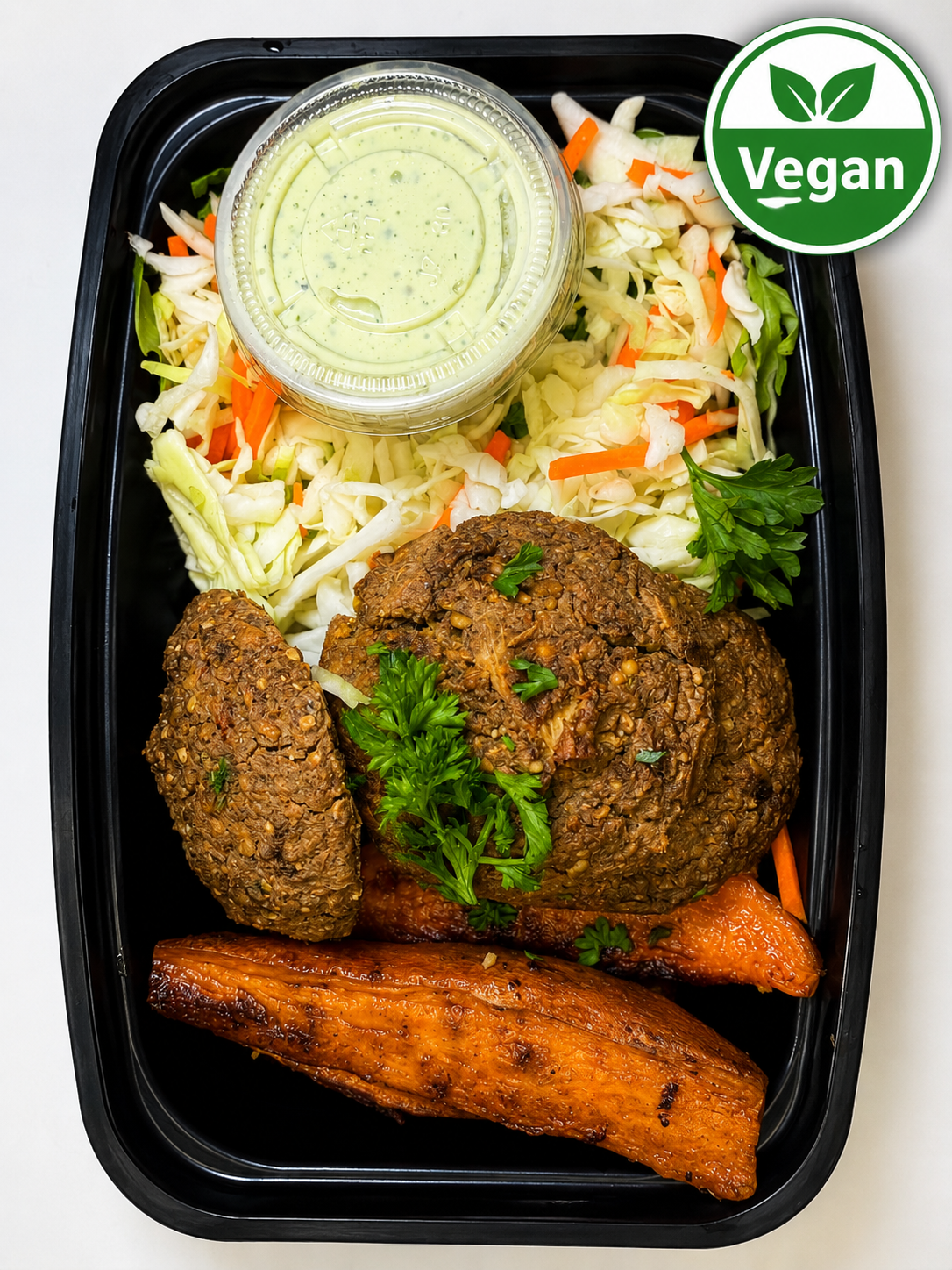 Vegan Lentil & Mushroom Green Goddess Patties with Sweet Potato Fries, Coleslaw & Herby Vegan Aioli