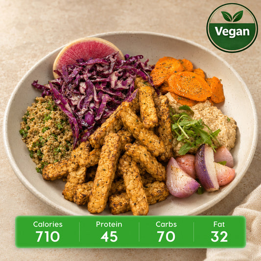 Vegan Mediterranean Shawarma Tempeh Feast with Quinoa Hummus & Roasted Radishes