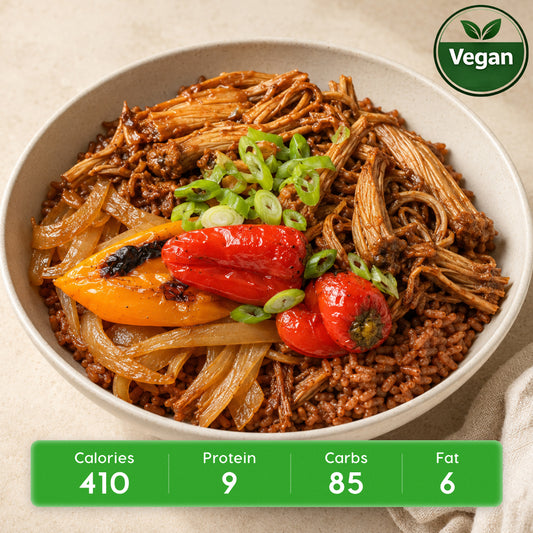 Vegan Mexican Shredded Jackfruit with Mexican Red Rice and Roasted Peppers & Onions