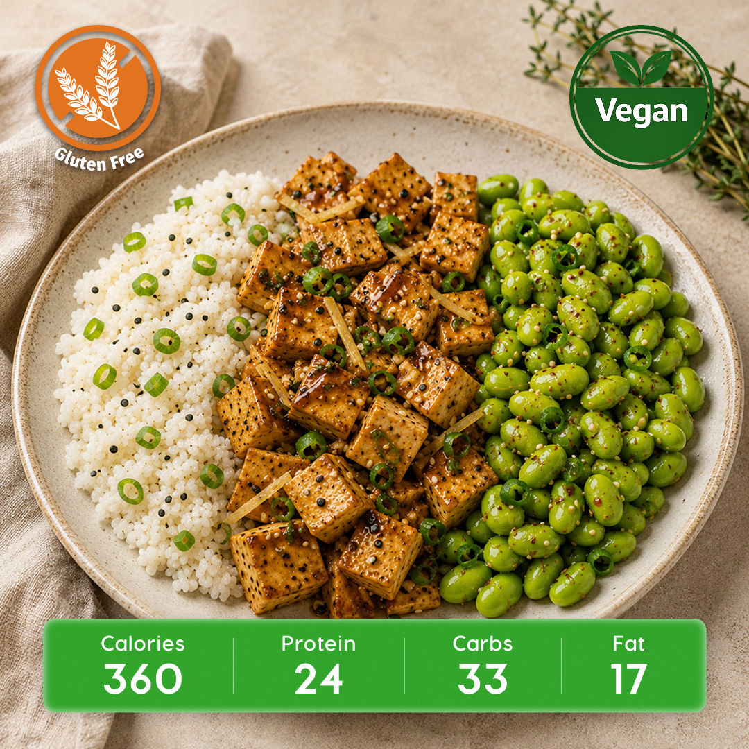 Vegan Miso-Glazed Tofu with Jasmine Rice, Edamame & Ginger Scallions