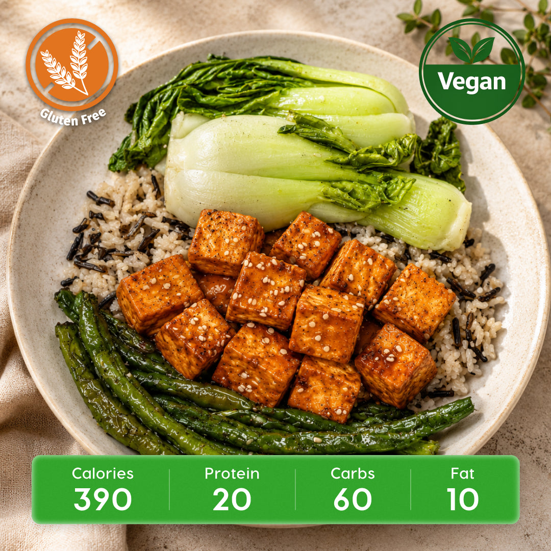Vegan Orange Ginger Glazed Tofu with Wild Rice & Bok Choy
