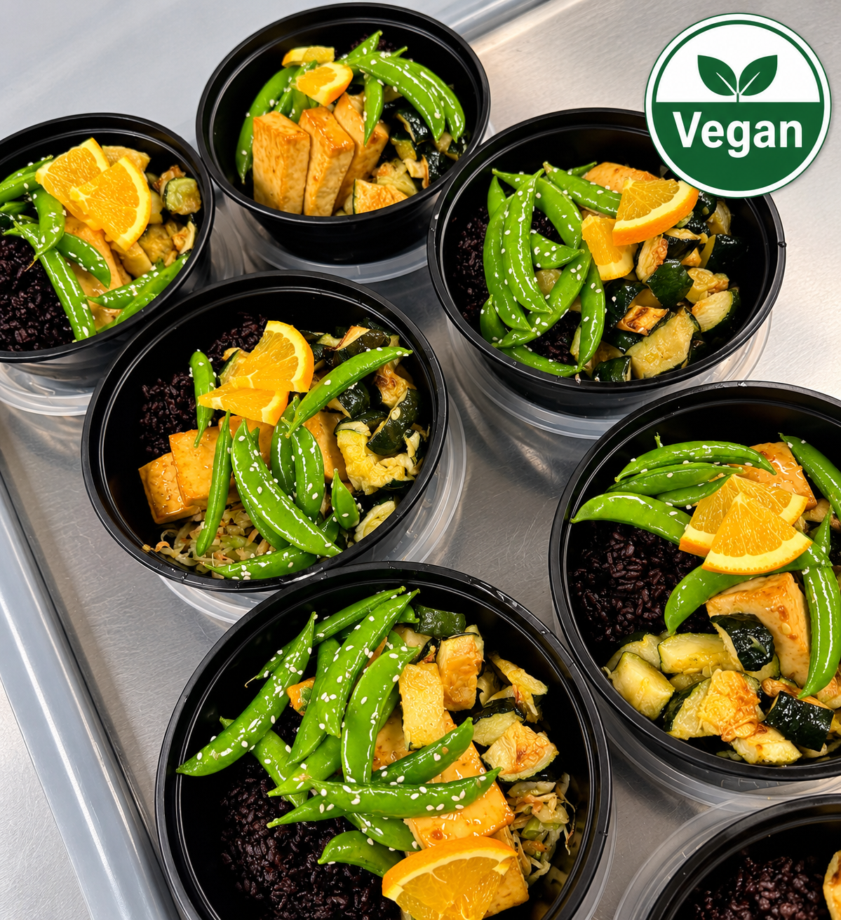 Vegan Orange Sesame Tofu with Black Rice and Snow Peas