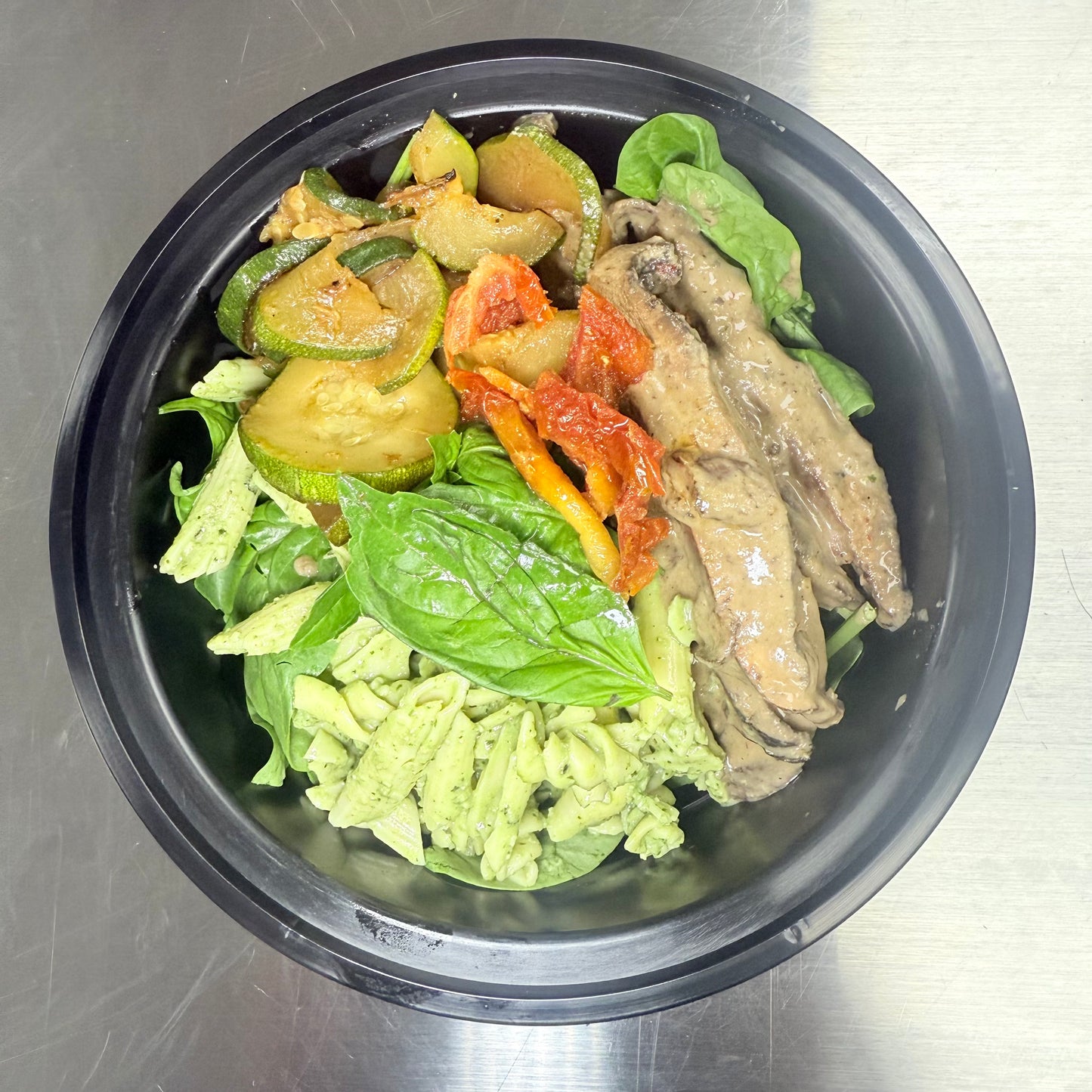 Pesto Protein Chickpea Pasta with Lemon Garlic Mushrooms