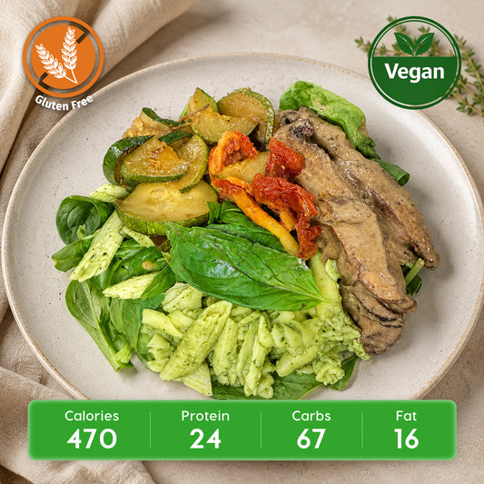 Vegan Pesto Protein Chickpea Pasta with Lemon Garlic Mushrooms