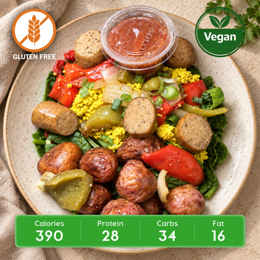 Vegan Power Protein Bowl with Tofu Scramble and Plant-Based Sausage & Roasted Potatoes