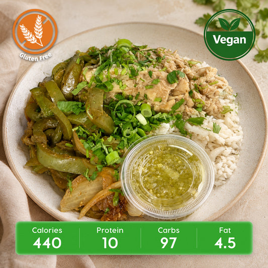 Vegan Salsa Verde Jackfruit Bowl with Brown Rice & Fajita Veggies